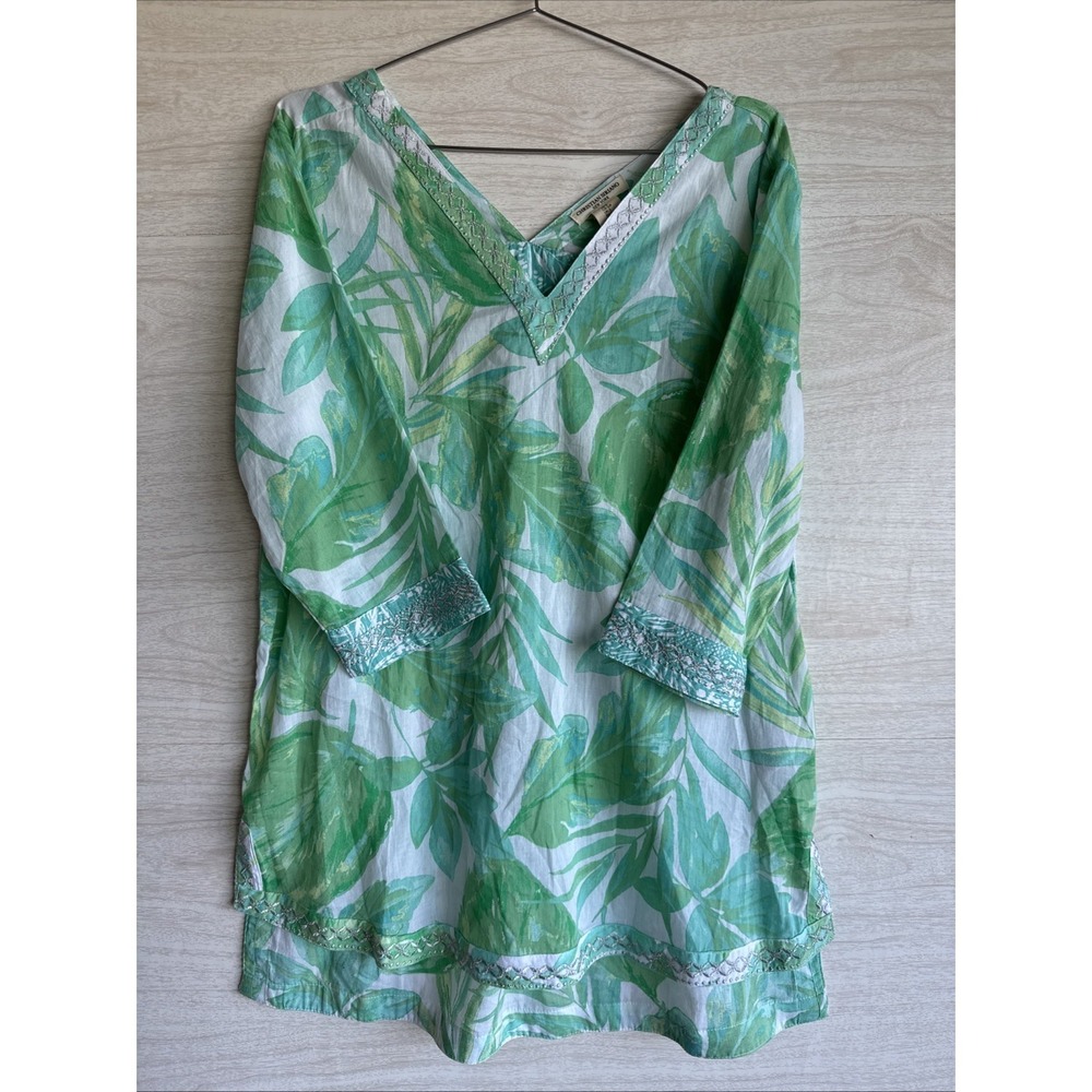 Christian Siriano tunic top V Neck Green Leaf Patter Metallic Thread Accent Sz S